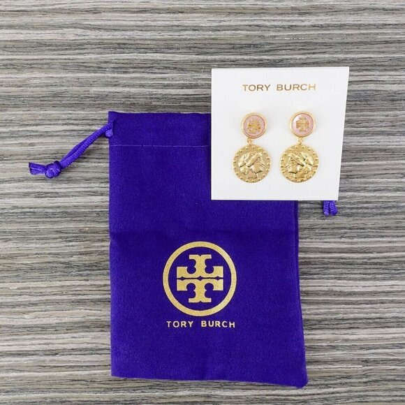 Tory Burch Mother of Pearl Logo Coin Medallion Drop Earrings Pink/Tory Gold OS - Picture 6 of 12
